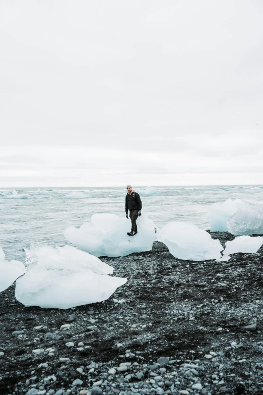 a man standing on an iceberg next to the water