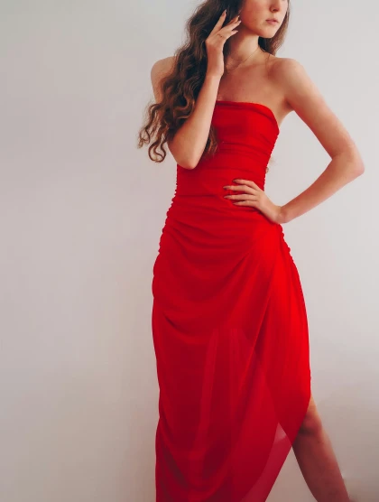 a woman in a long red dress posing for a picture
