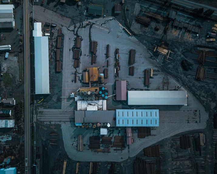 an aerial view of a building and its surrounding surrounding streets