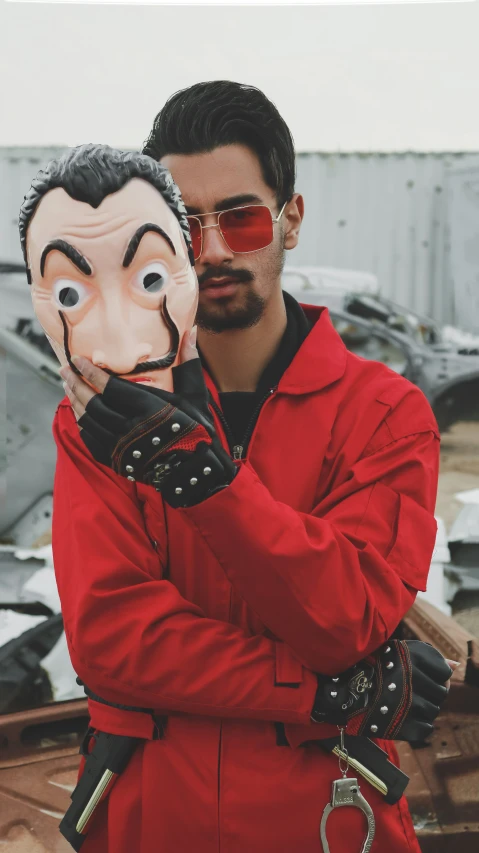 a man in red is holding a fake dummy