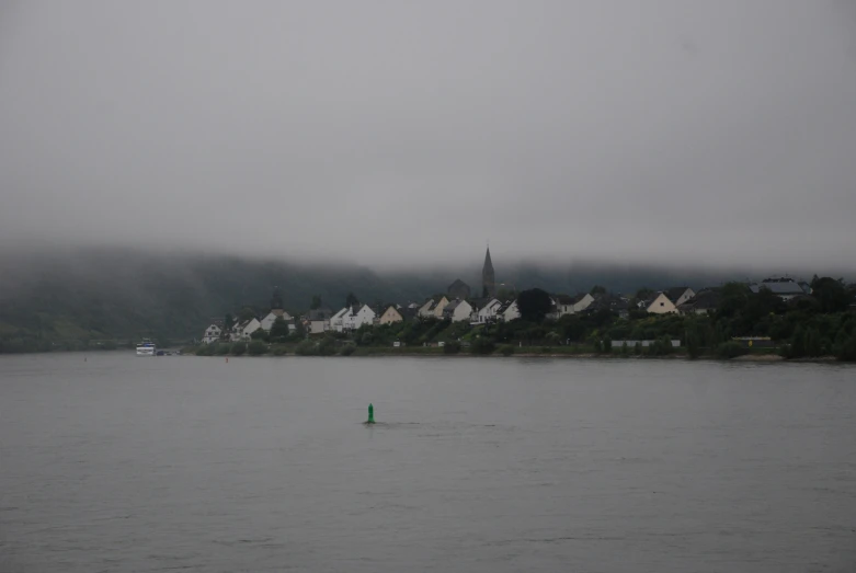 the view of a lake with houses in the distance