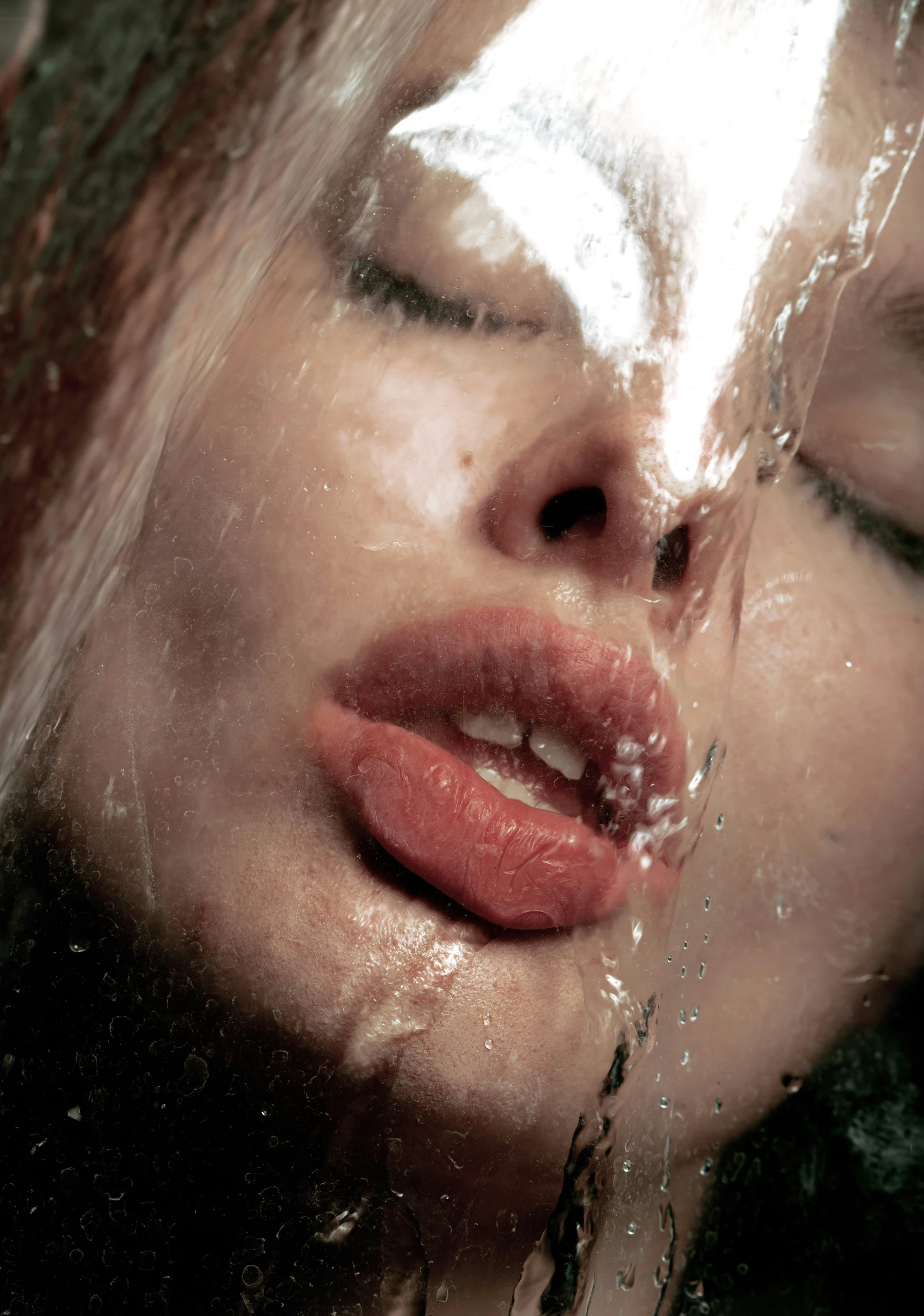 woman drinking from a faucet on her face