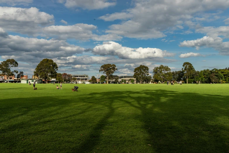 people are walking around in the grass on a cloudy day