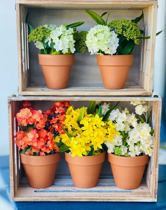 a wooden box with flowers and flowers in it