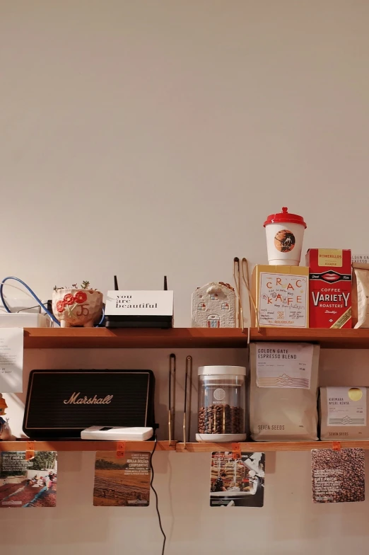 a wall with some shelves of various items on it