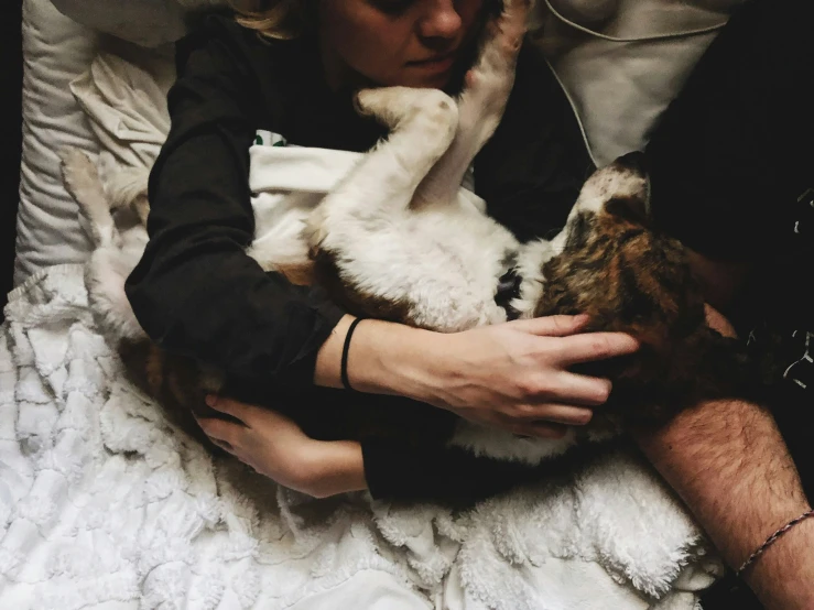 a person is sitting with a dog on a bed