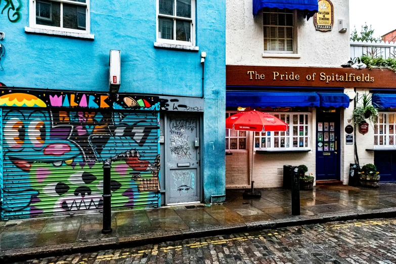 a rainy day outside a blue building with a store front