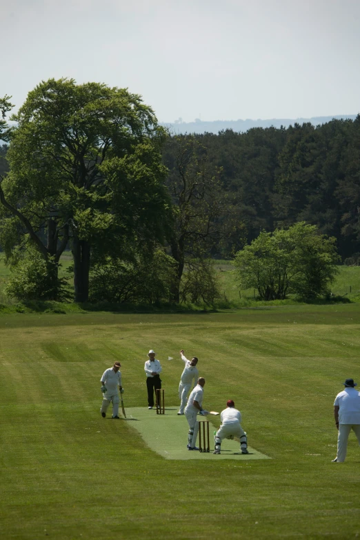 some guys are playing cricket in the middle of a field