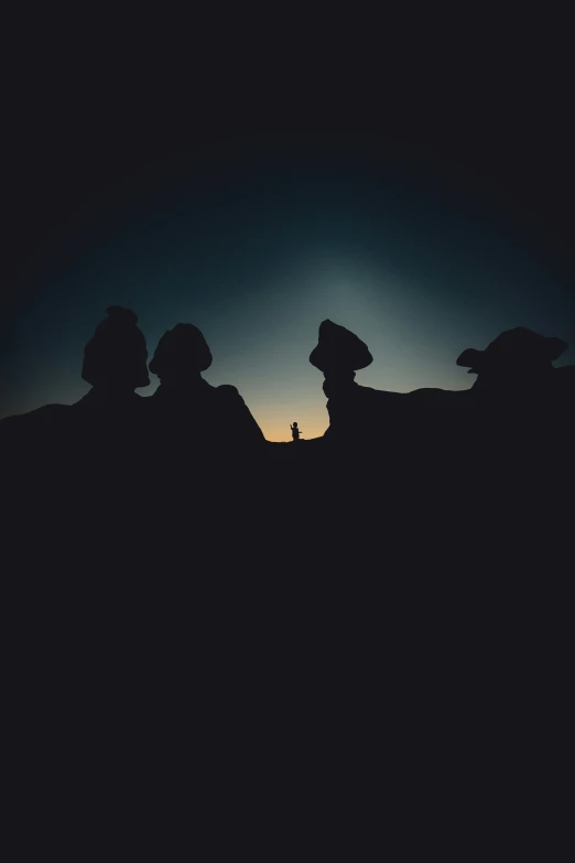 silhouette of people on hill at night with the sun setting