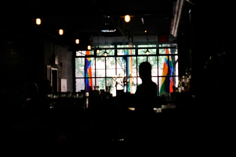 a person in a dimly lit room stands next to a colored stained glass window