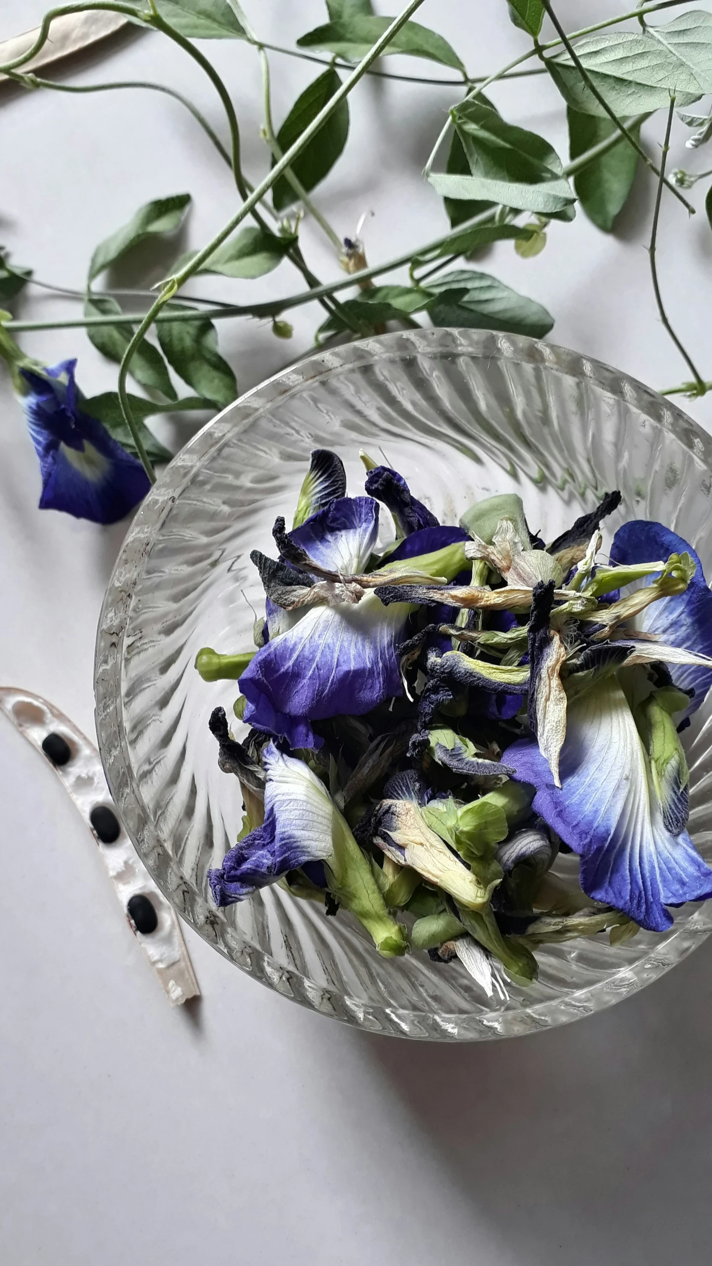 blue flowers in a glass bowl with metal wire