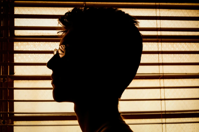 the silhouette of a man who is looking out the window with shades on his face