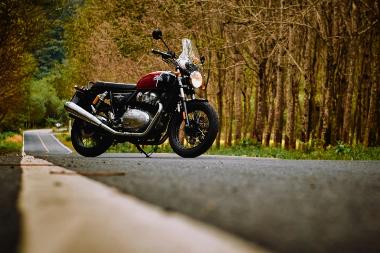 motorcycle parked on the side of a tree lined road