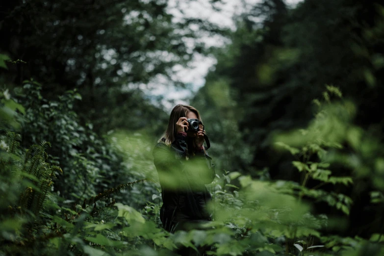 person holding camera looking at plants and trees