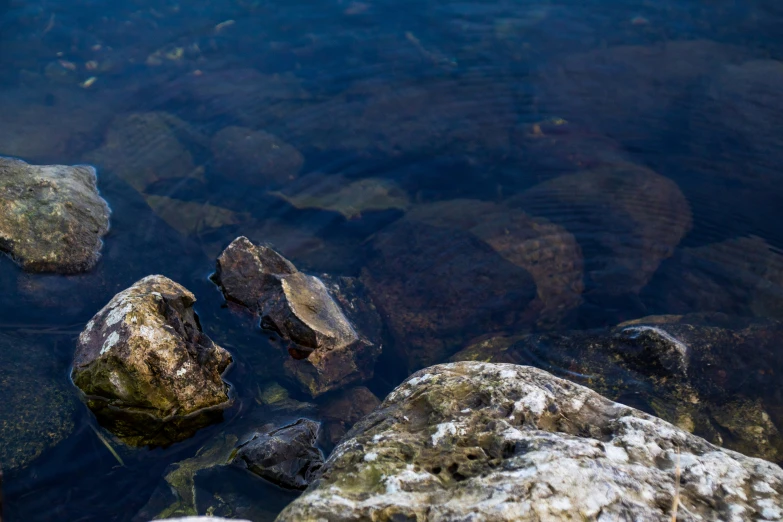 a group of rocks sitting in some shallow water