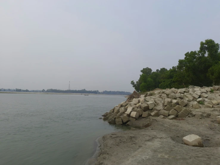 the view of an ocean with a body of water and several trees