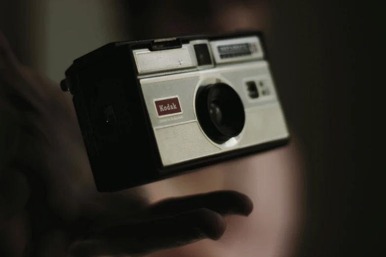 an old po camera is held up to show the reflection