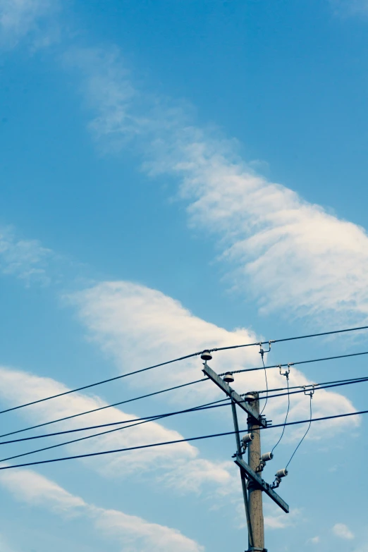 a close up s of a telephone pole and wires with a sky background