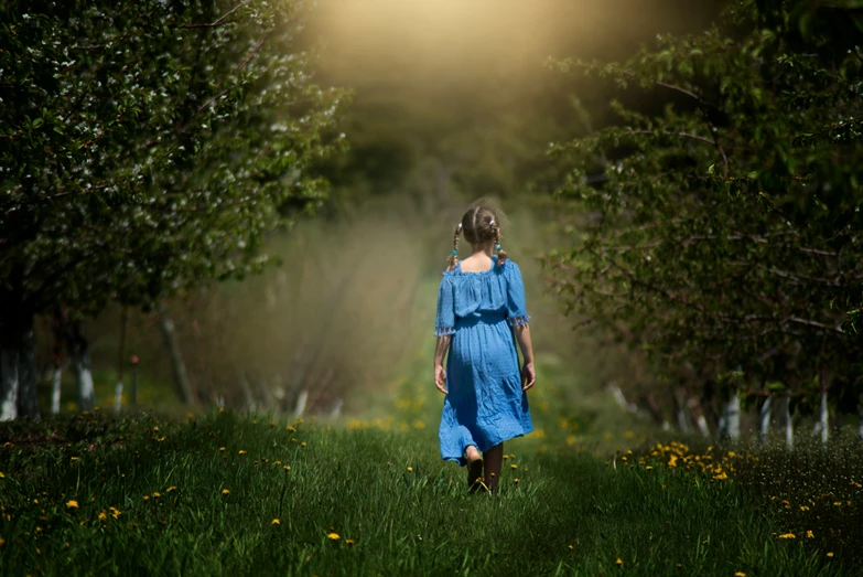 a  in blue walking through some grass