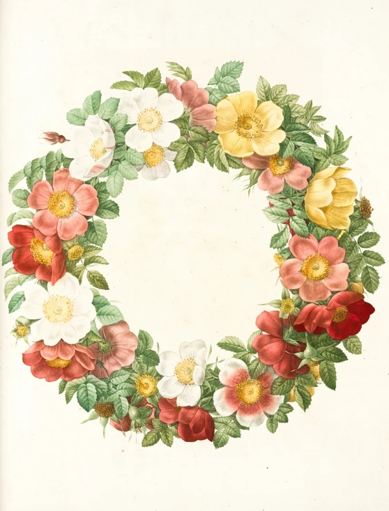 a painting of a circular frame with some flowers on it