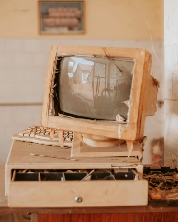 an old broken computer and keyboard in a small box