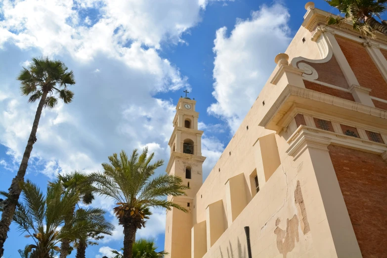 a clock tower is located next to palm trees