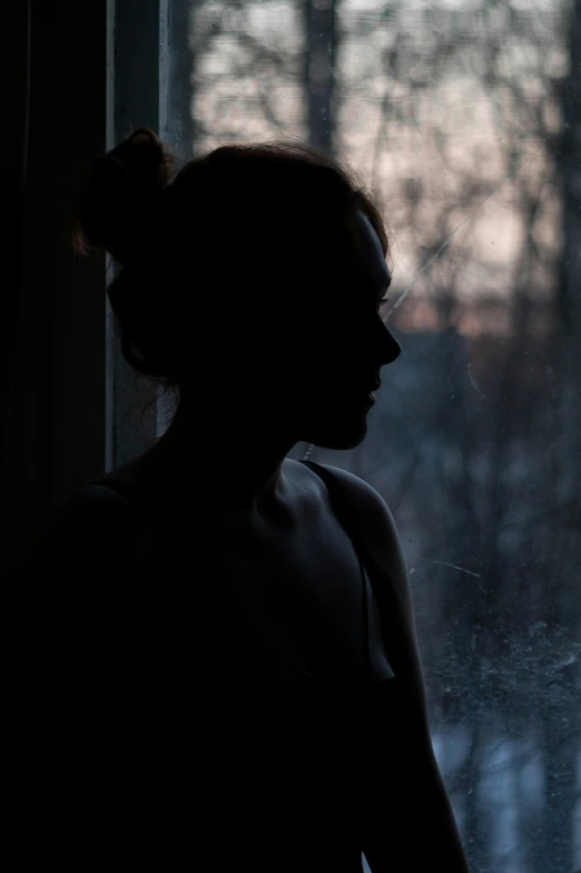 a woman's profile is shown near the window