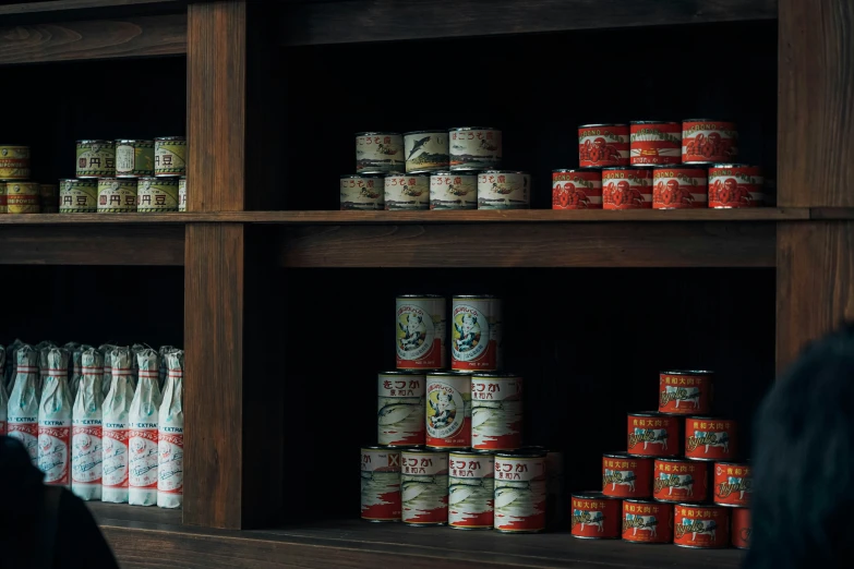 multiple stacks of cans in a store, and people looking at them