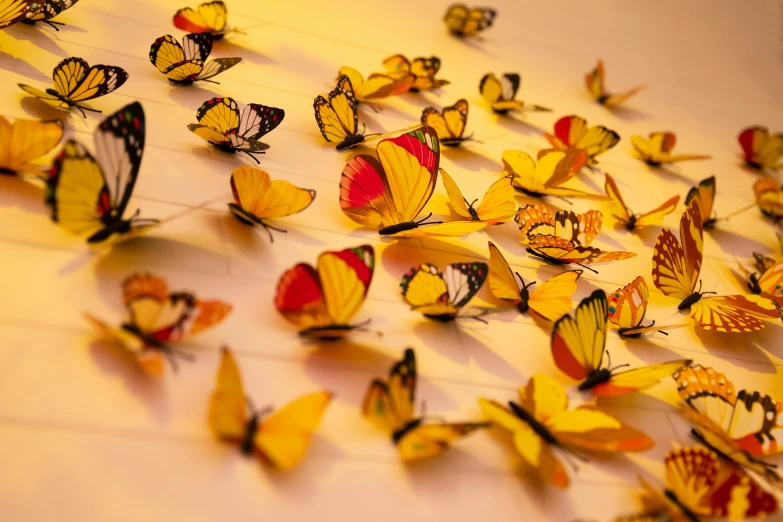 yellow erflies are flying around a red and yellow background