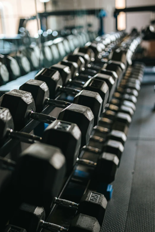 there is a row of gym equipment in the gym