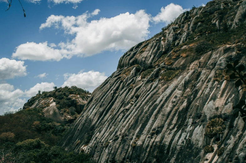 a mountain side with rocks and bushes on the side