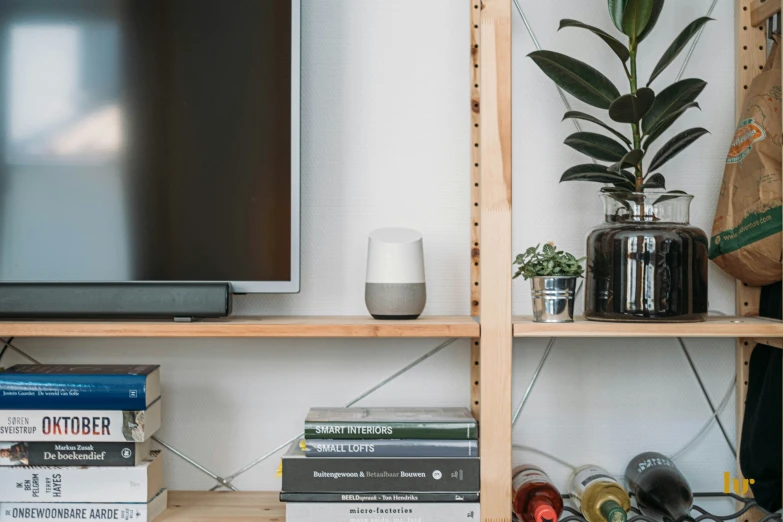 a television and book shelves with two vases and books