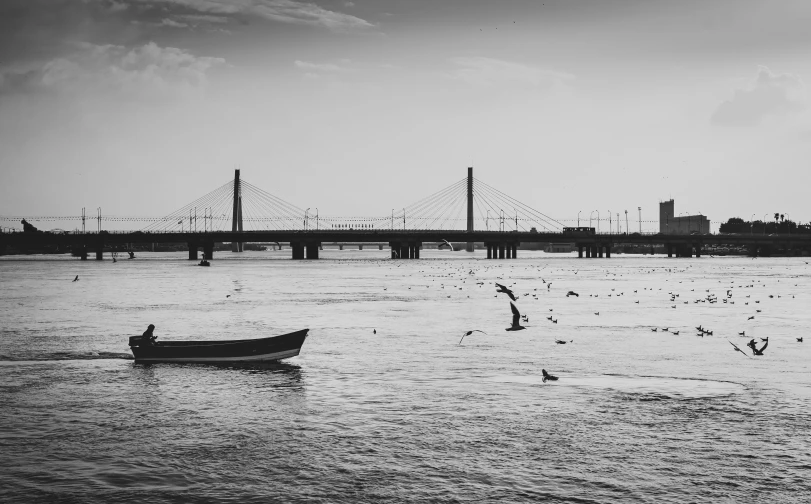 a man in a boat next to a bridge