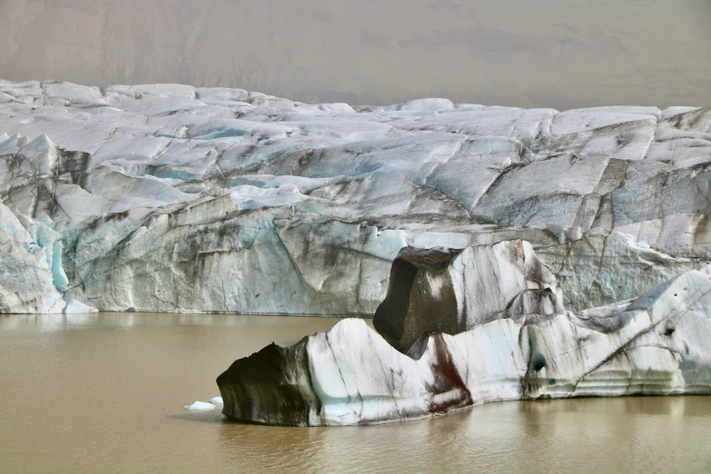 a group of ice chunks floating near a body of water