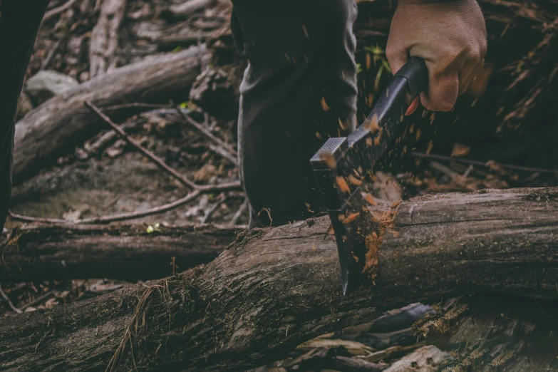 a man holding a large pair of chainsaw over some logs