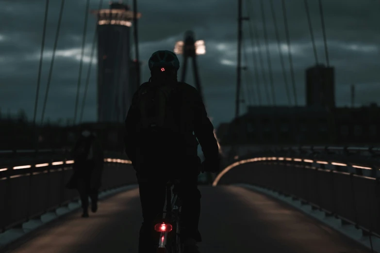 a person on a bicycle riding across a bridge with buildings