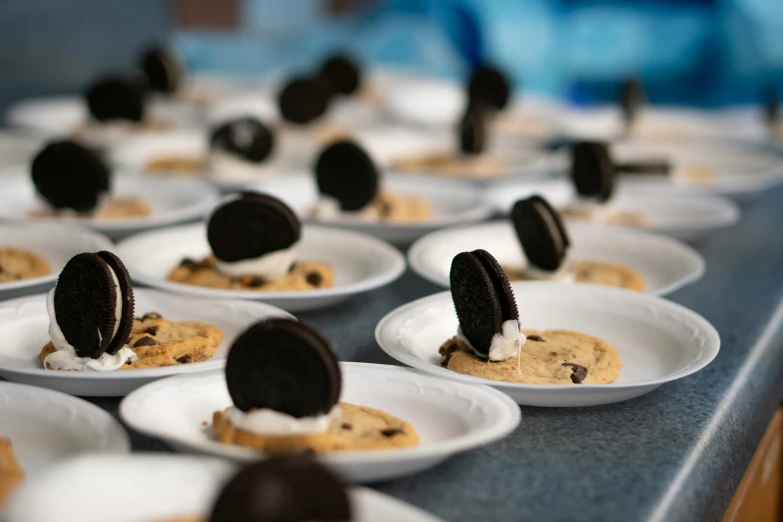 many plates of cookies and cookies are arranged in rows