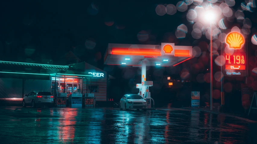gas station in dark and wet rainy weather
