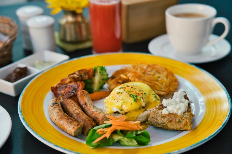 breakfast plates with eggs, sausage, toast and other food items