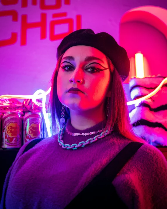 a young woman with red light in a bar