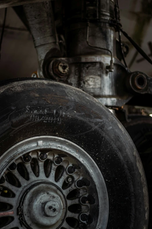 closeup of the wheels on an airplane