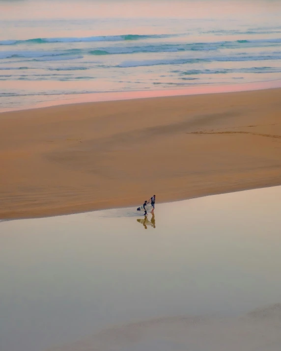 two people holding surf boards walking along the water