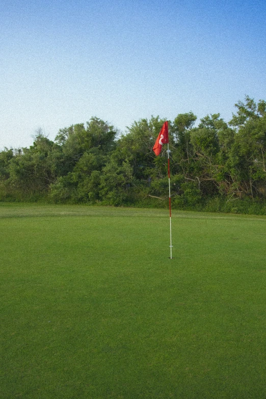 the golf hole on the tee with a flag and a marker