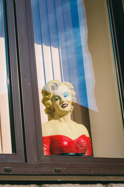 an unusual looking mannequin head is behind a window