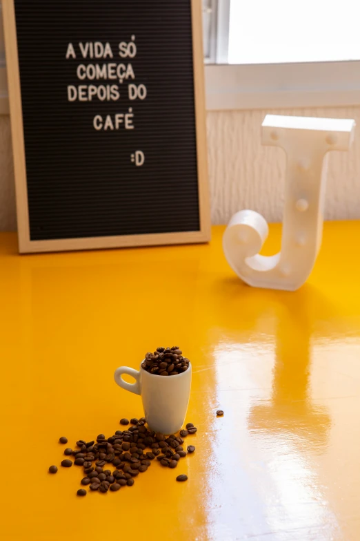 a cup of coffee on a yellow table