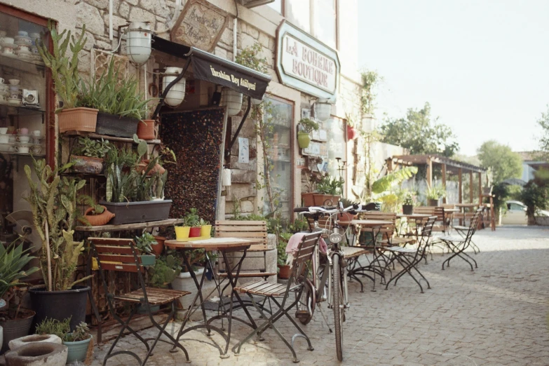 an outdoor cafe with tables and chairs with many plants on the outside
