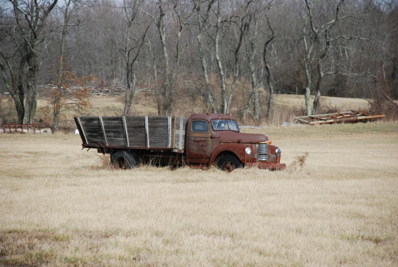 an old truck sitting in a field in front of a forest