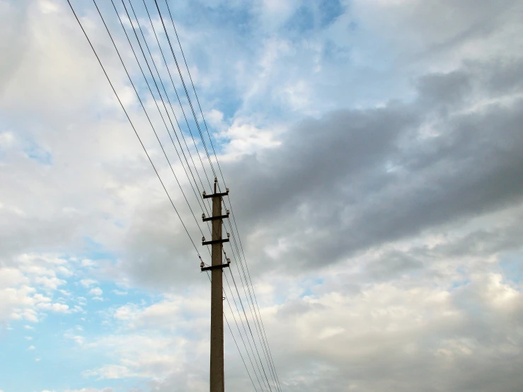 telephone poles and power lines against a cloudy sky