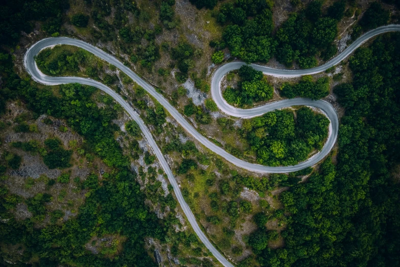 winding road curves through the middle of a forest
