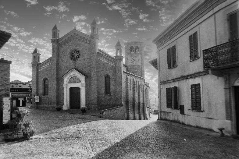 a black and white image of a church